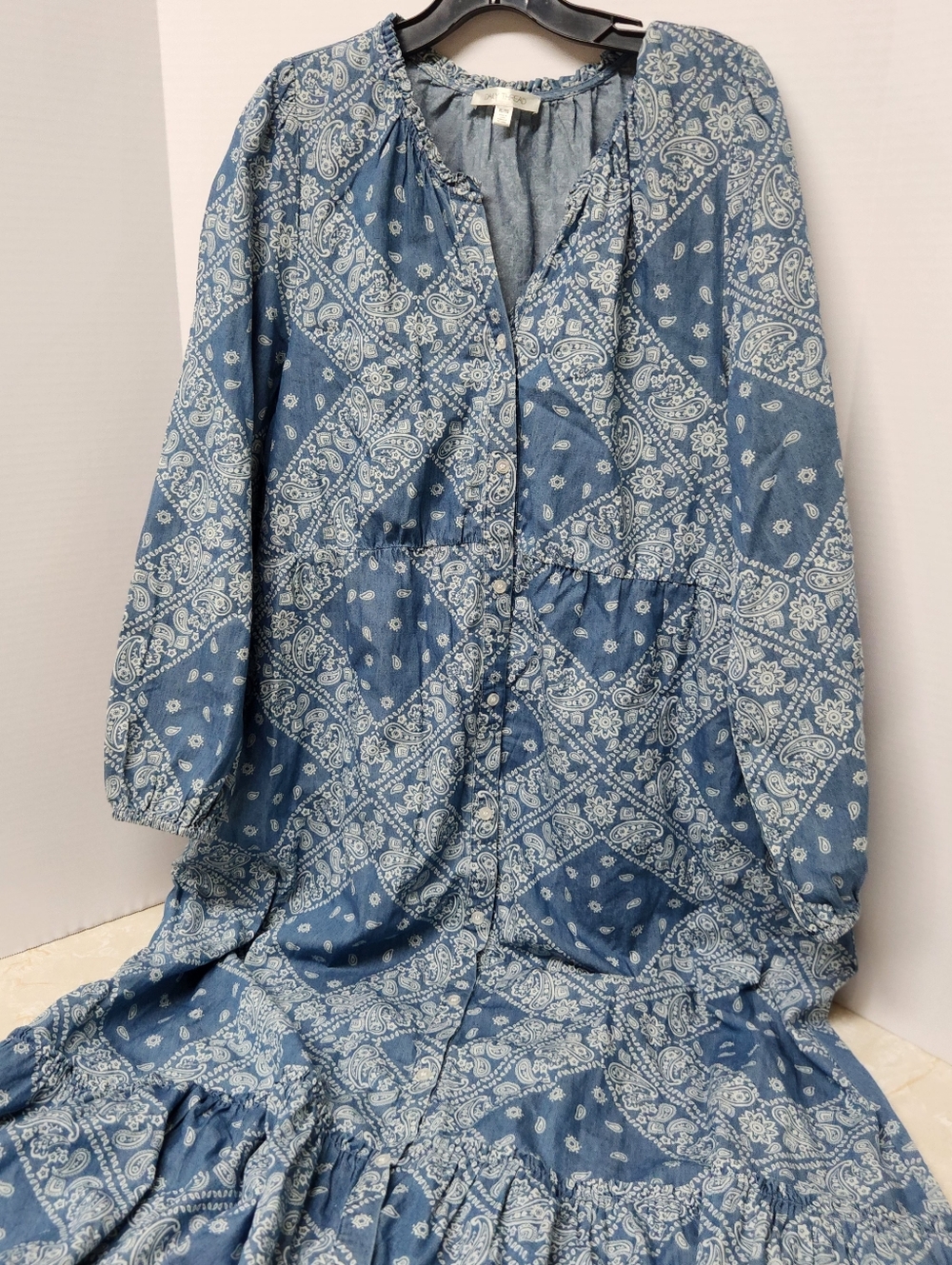 Daily Thread Blue White Bandana Print Long Sleeve Maxi Western Dress XL New
